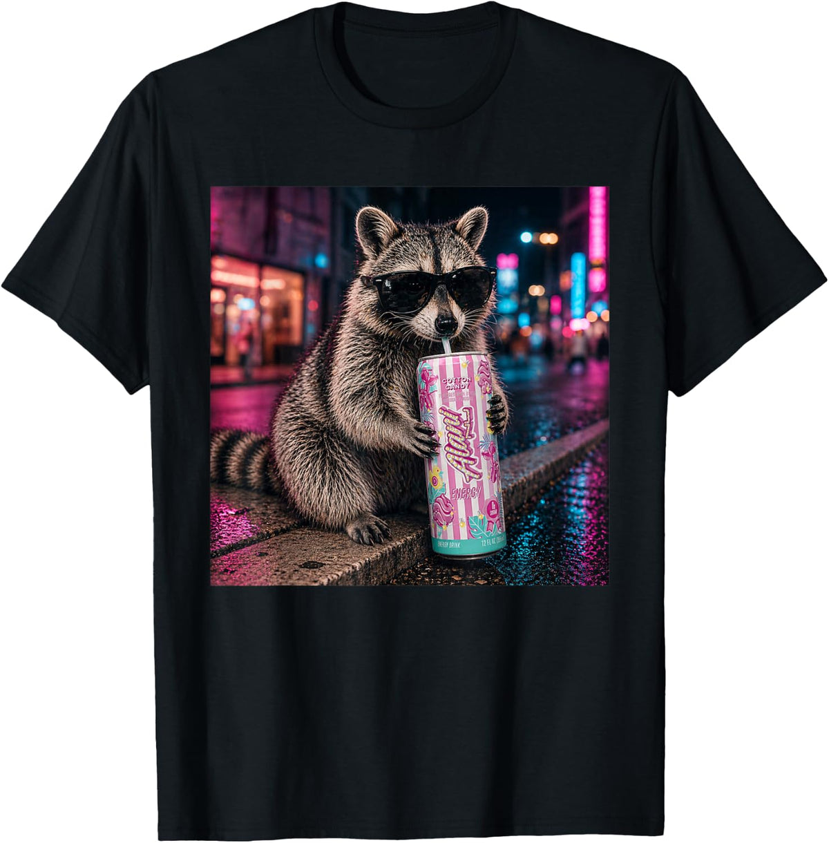 Funny Raccoon Cotton-Candy Drink Animal Meme Graphic T-Shirt