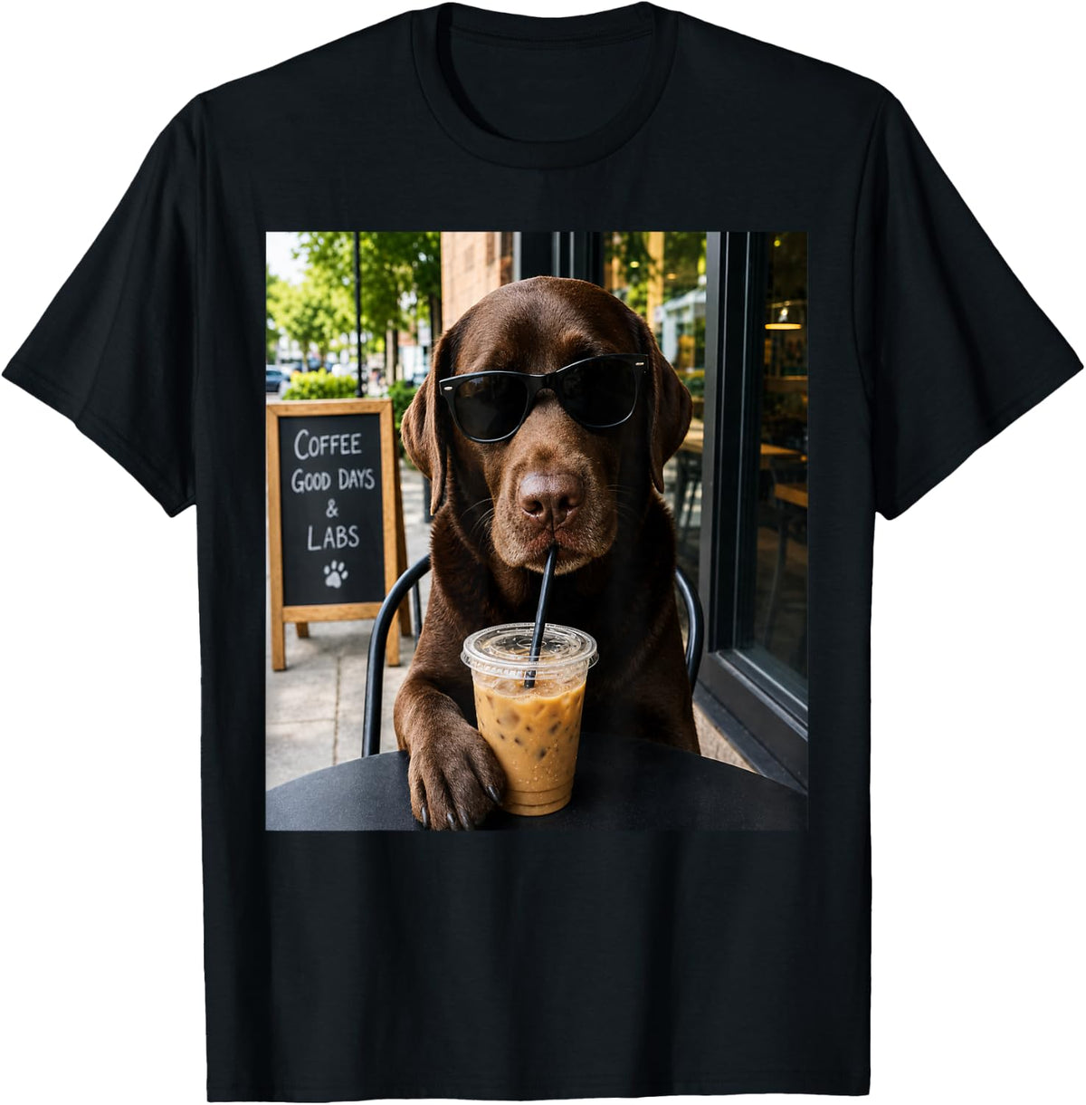 Chocolate Lab Coffee Funny Dog Cafe Lover Art T-Shirt