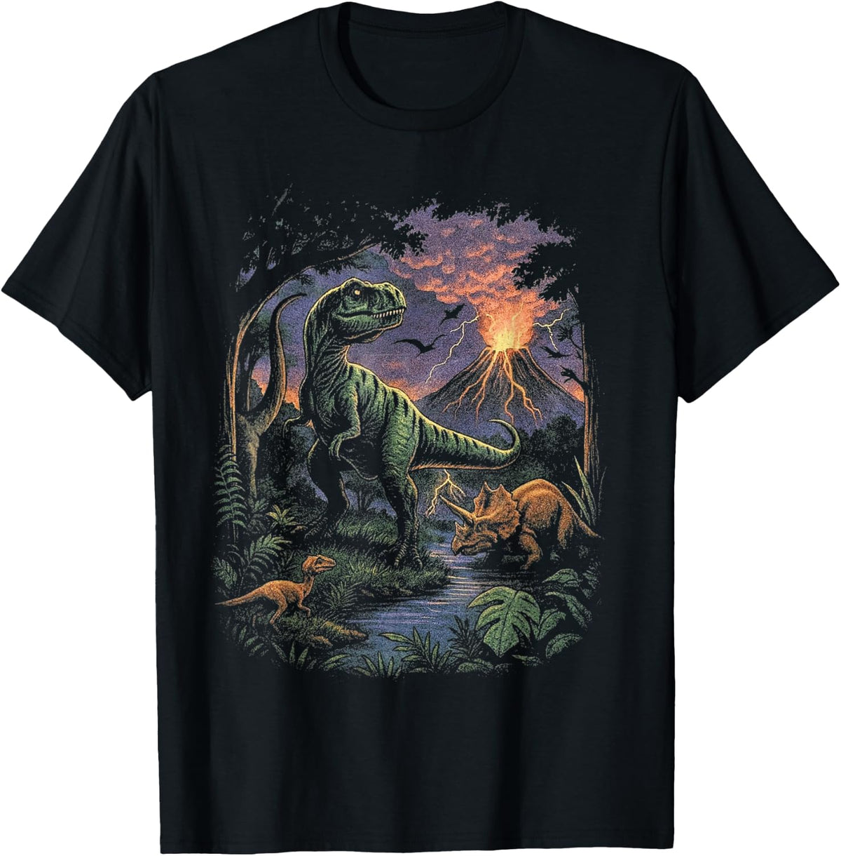 Vintage Dinosaur 90s T Rex and Triceratops Volcano Nature T-Shirt