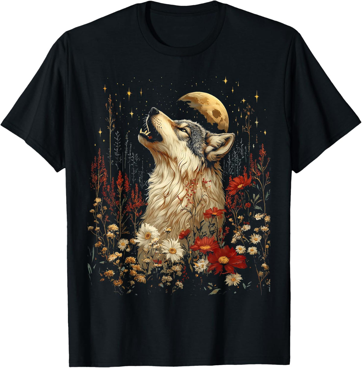 Boho Wolf Howling at The Moon Floral Mystical Graphic Women T-Shirt