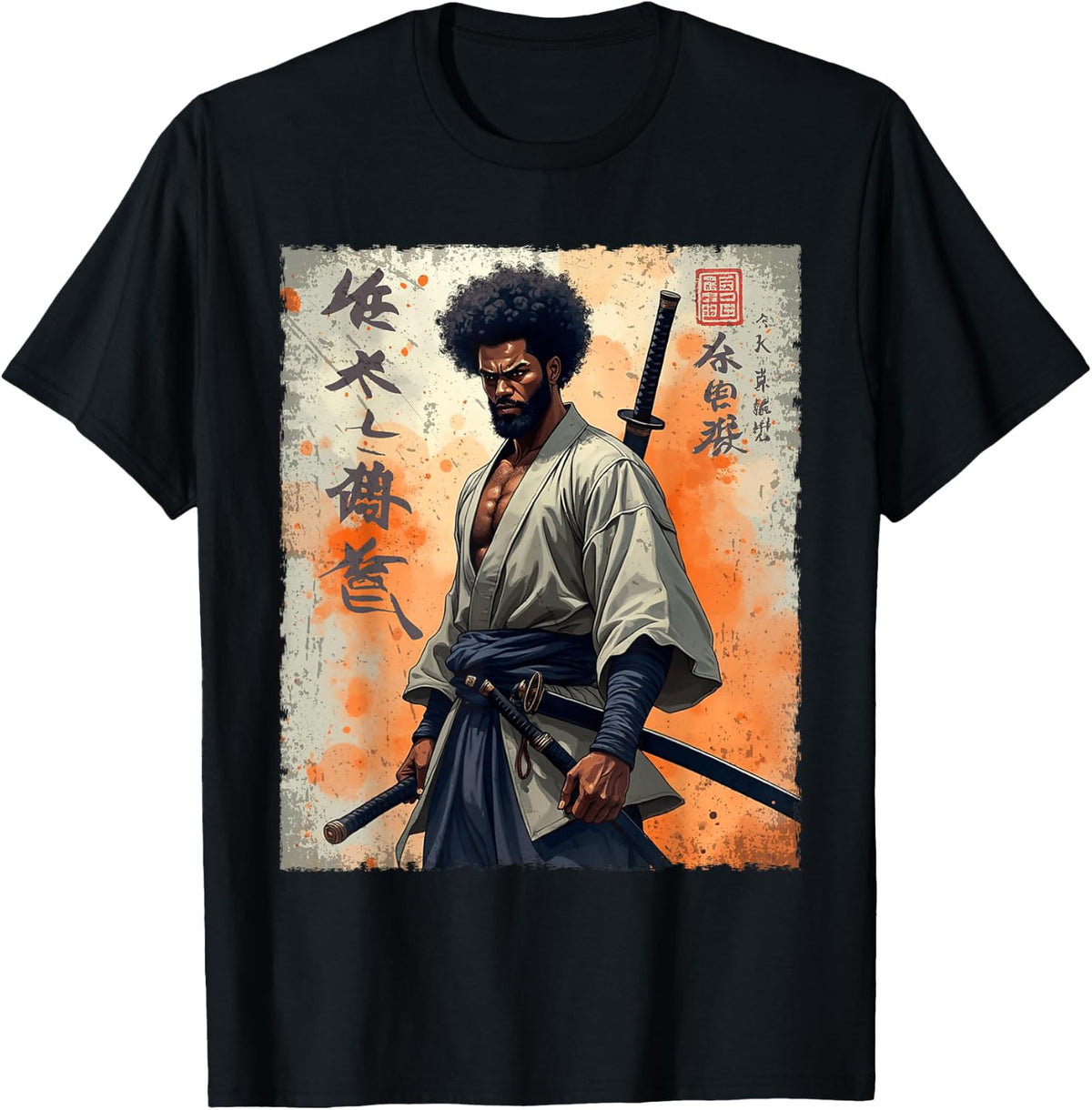Vintage African Samurai Afro American Bushido Warrior Katana T-Shirt