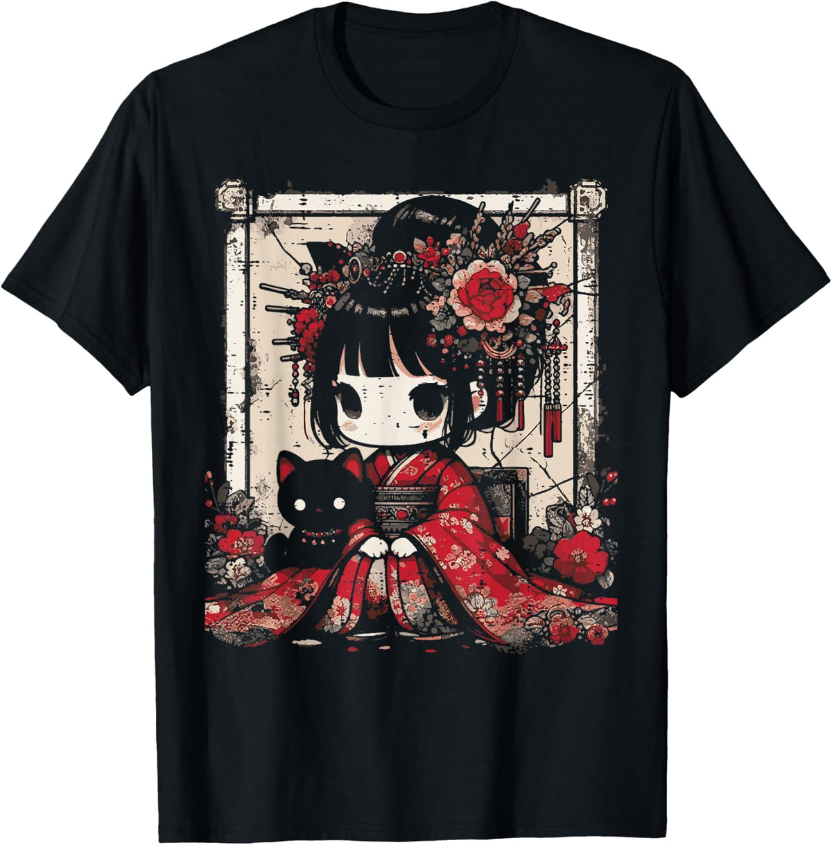 Chibi Kimono Girl Black Cat Flowers Japanese Art Women Kids T-Shirt