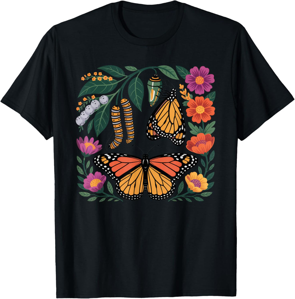 Monarch Butterfly Caterpillar Flowers Metamorphosis T-Shirt