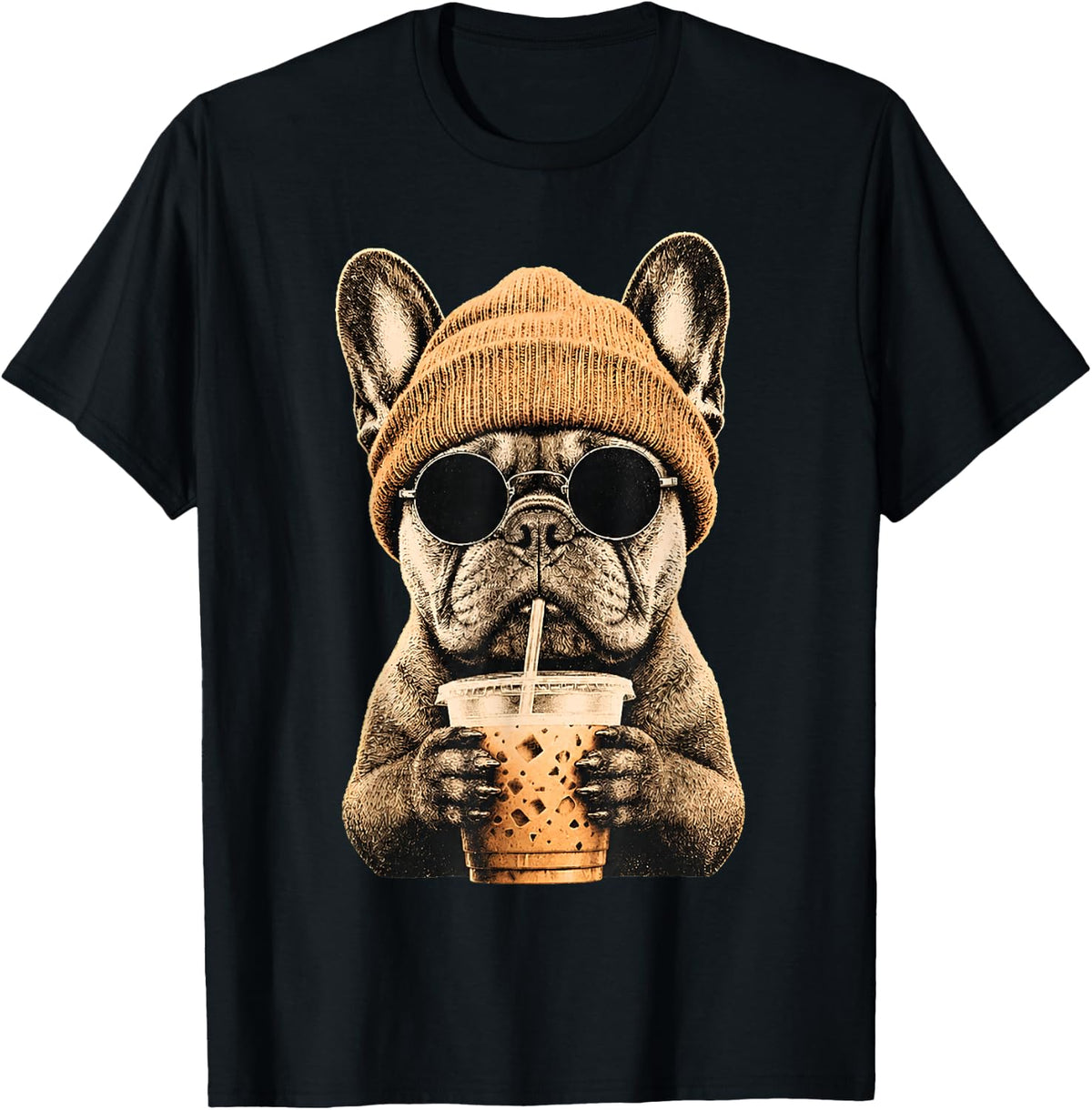 French Bulldog Hipster Dog Drinking Iced Coffee Sunglasses T-Shirt
