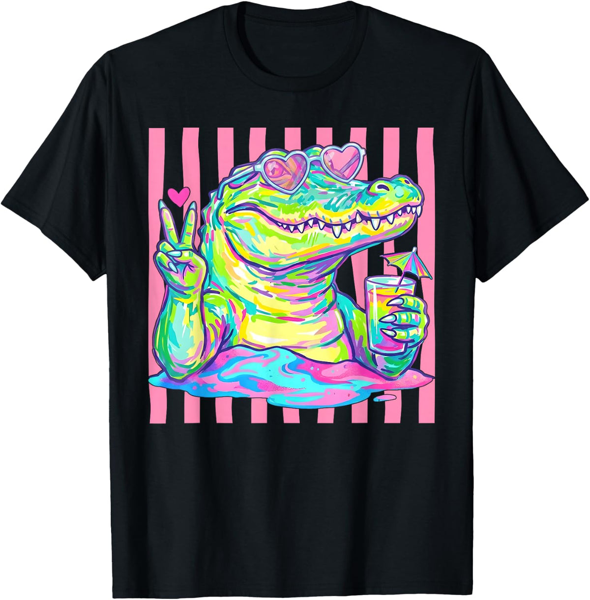 Preppy Alligator Heart Sunglasses Striped Aesthetic Summer T-Shirt