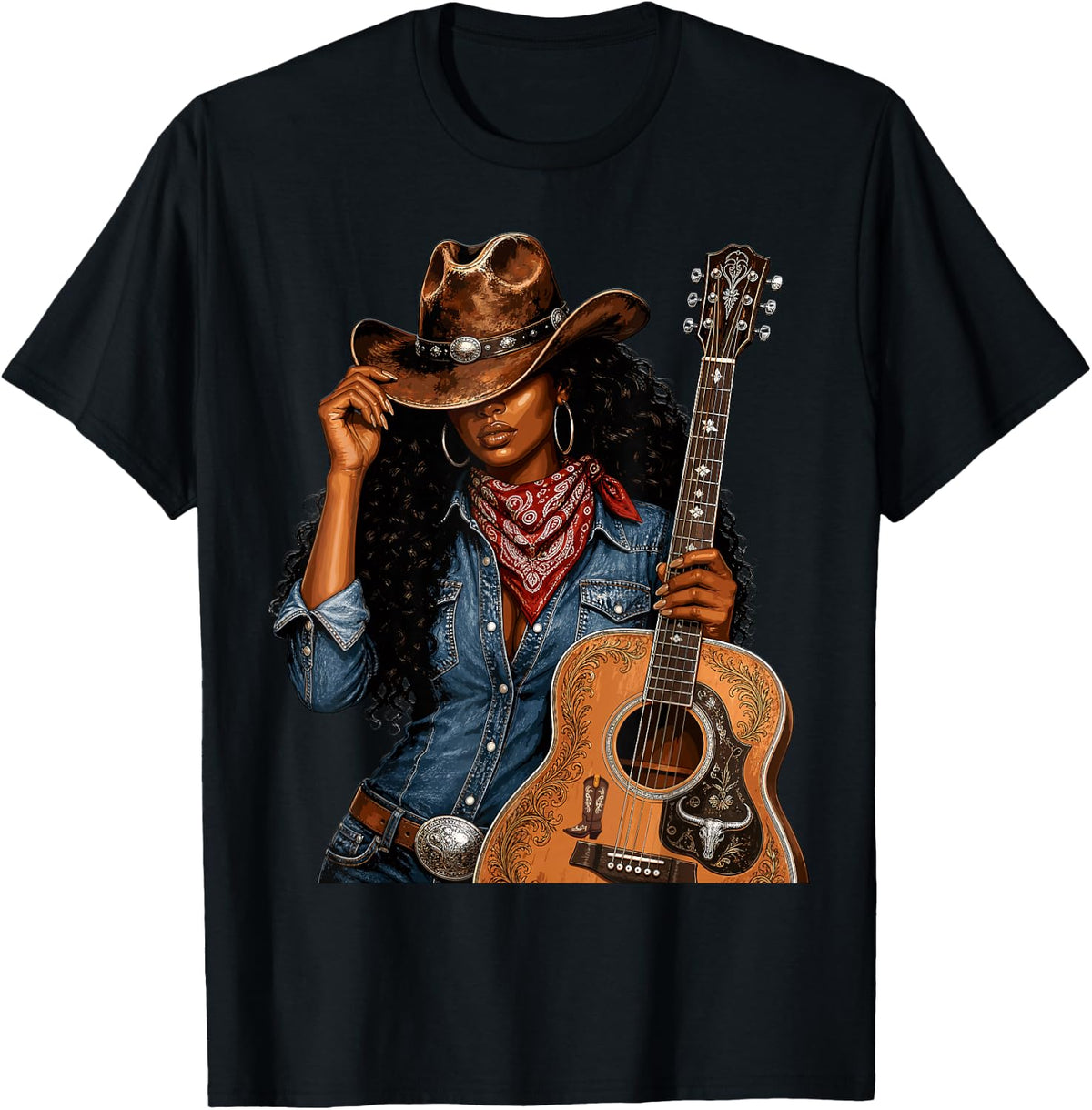 Melanin Cowgirl Western Boots Guitar Rodeo Music Lover T-Shirt