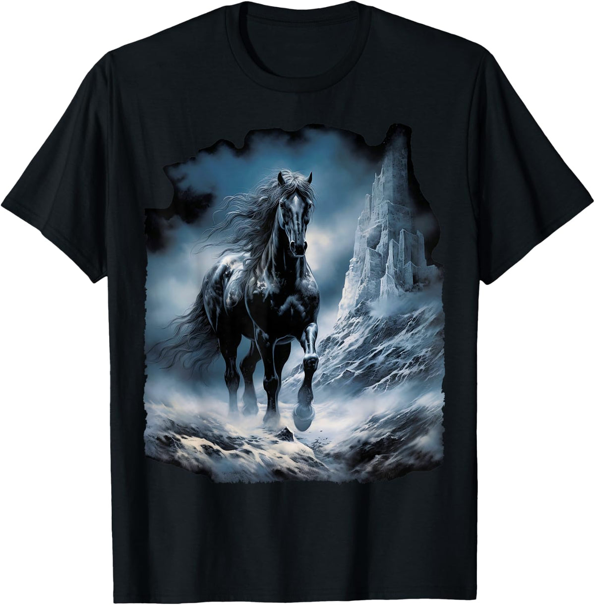 Beautiful Black Horse Running Through The Snow T-Shirt