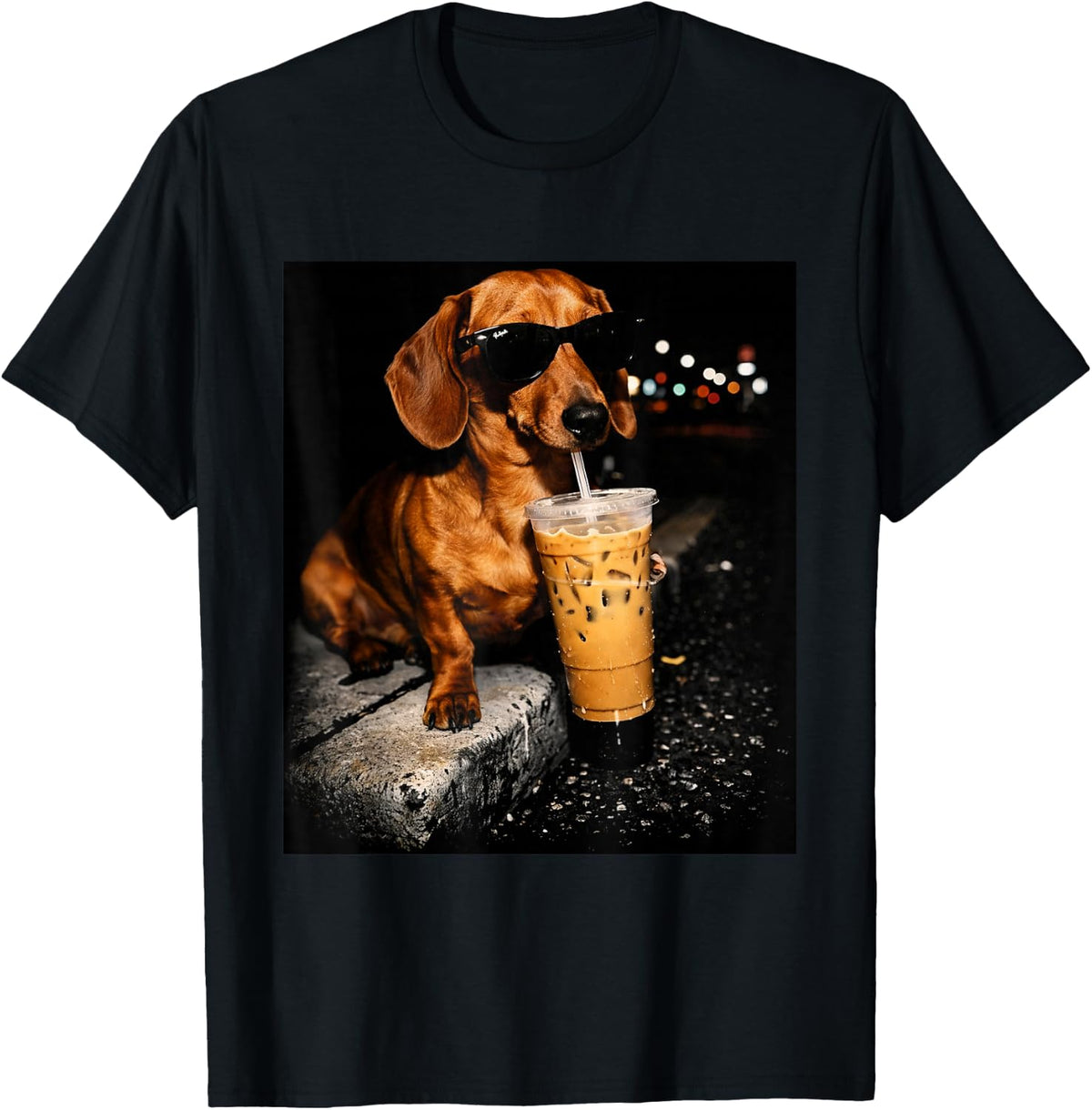 Funny Dachshund Drinking Iced Coffee Washed T-Shirt