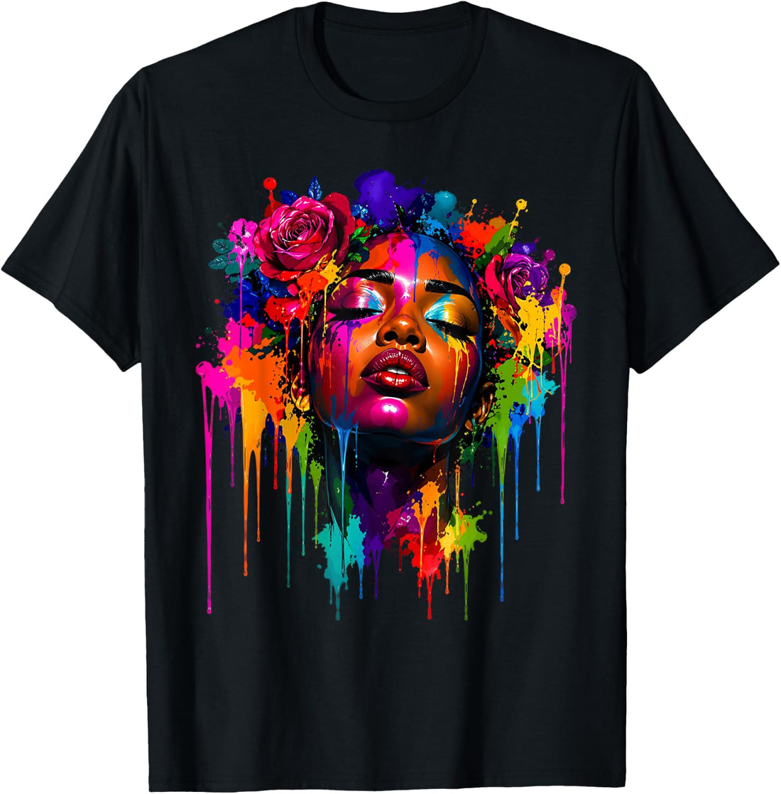 African Afro Woman Color Painted Face Dripping Colors Art T-Shirt