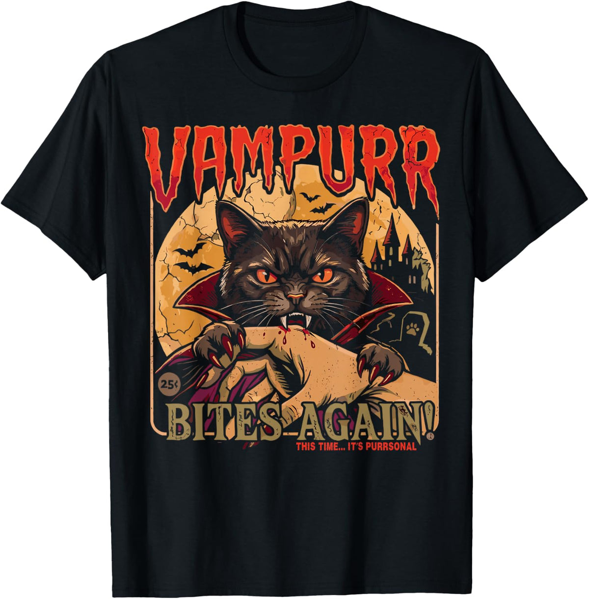 Vampurr Bites Again Vintage Cat Halloween Vampire Graphic T-Shirt