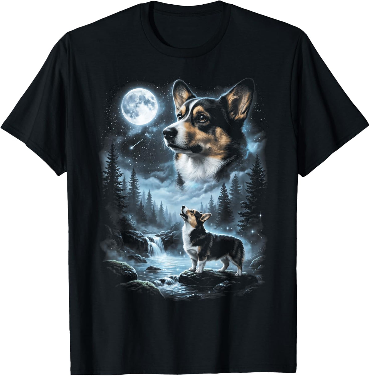 Tri Color Corgi Howling to the Moon Retro 90's Dog T-Shirt