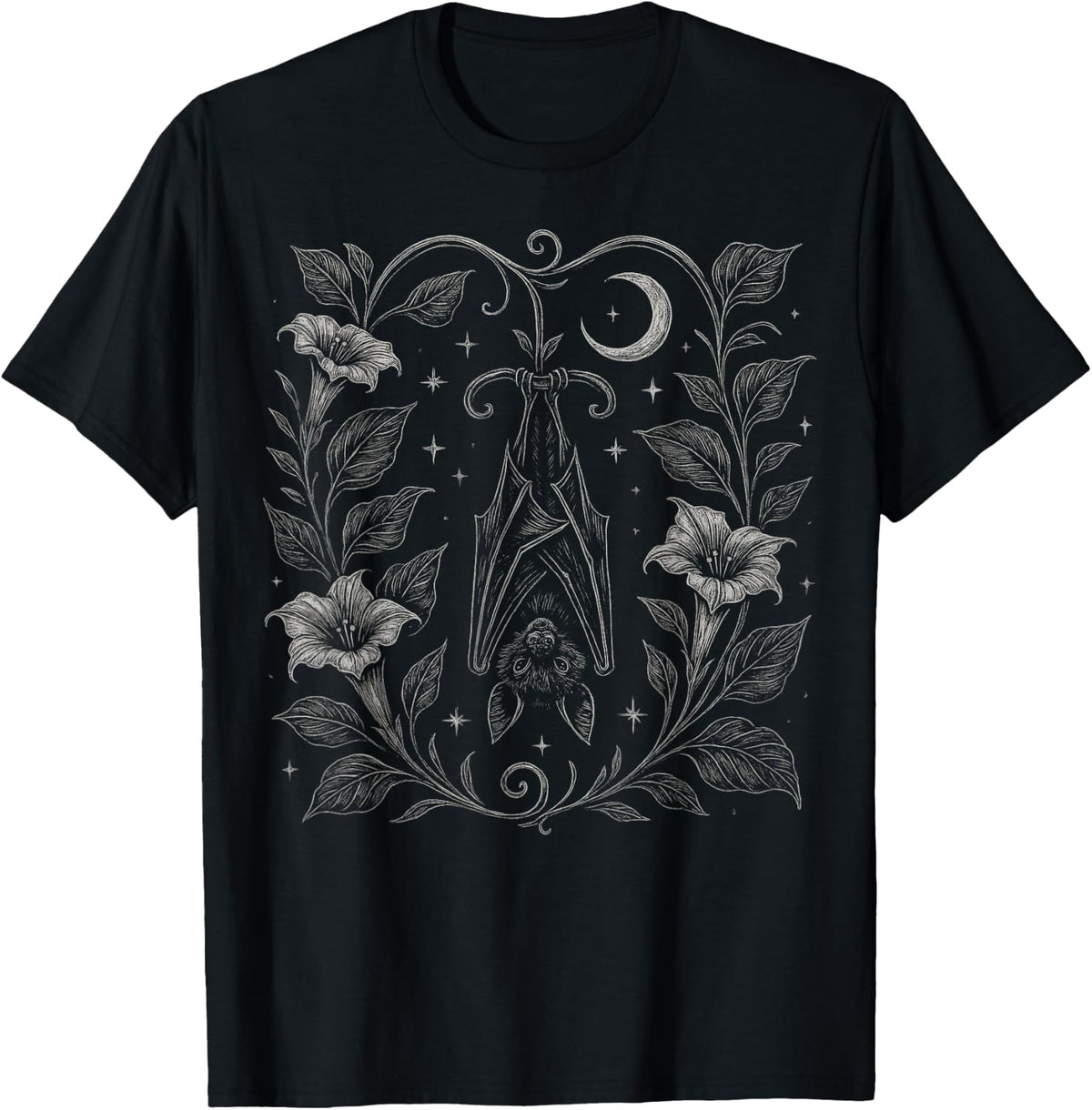 Bat Moon Flowers Gothic Cute Goth Alt Floral Animal Art T-Shirt