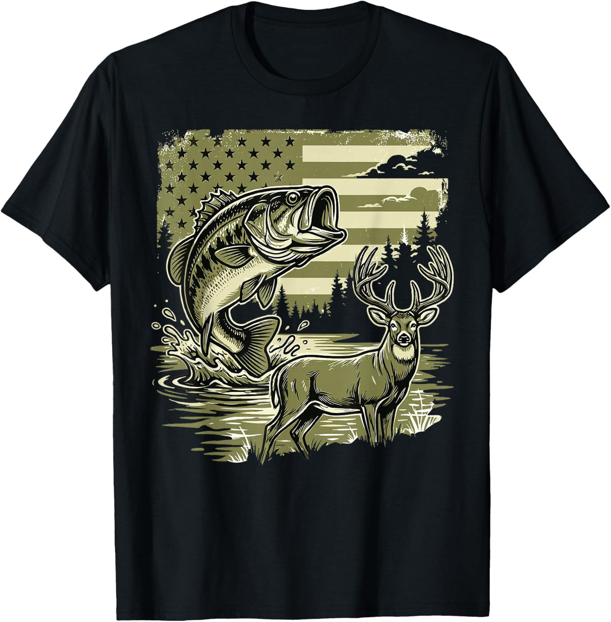 American Flag Bass Fishing and Hunting Youth Boys Outdoor T-Shirt