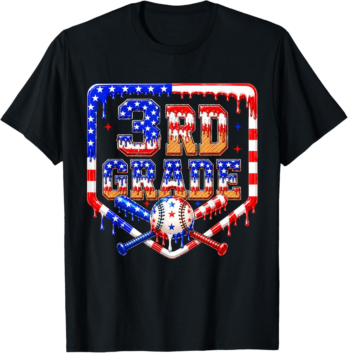 3rd Grade Baseball drip Boys Kids USA Flag Back to School T-Shirt