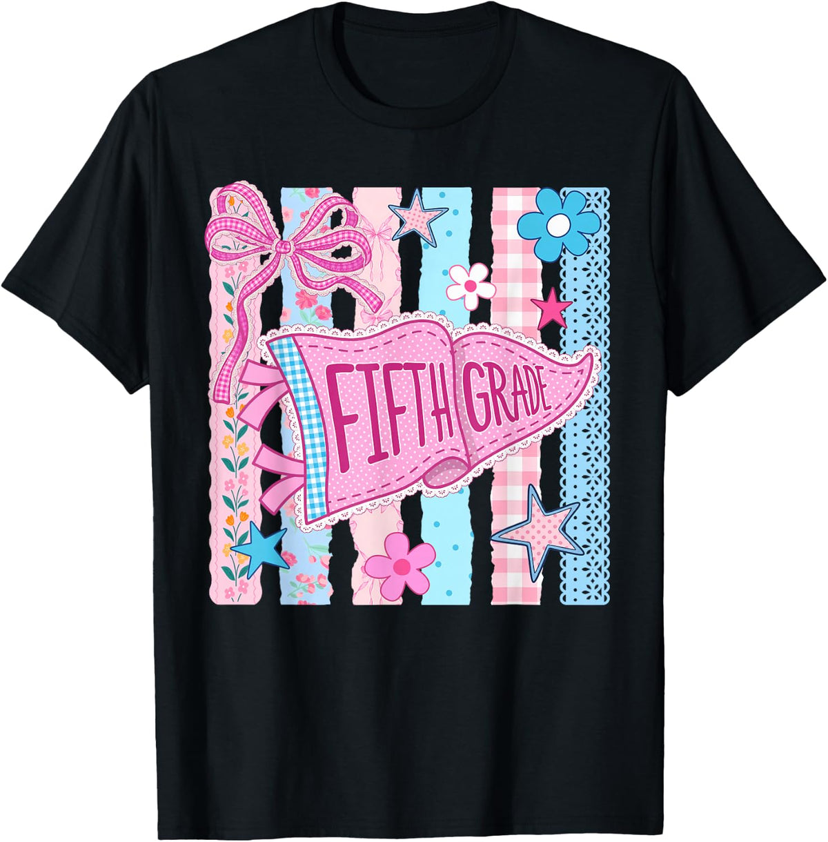 Striped Floral Pennant Flag Back to School Fifth 5th Grade T-Shirt