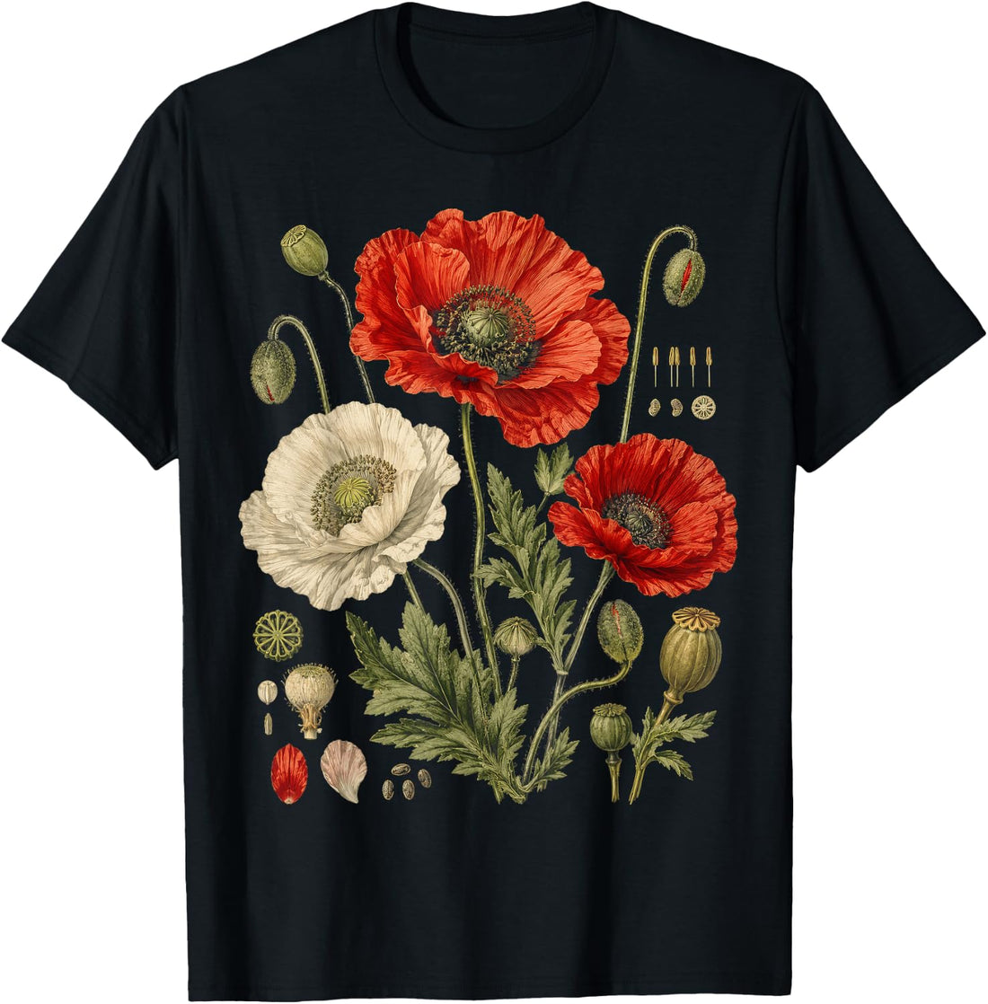 White Red Poppy Flowers Vintage Botanical Garden Plant T-Shirt