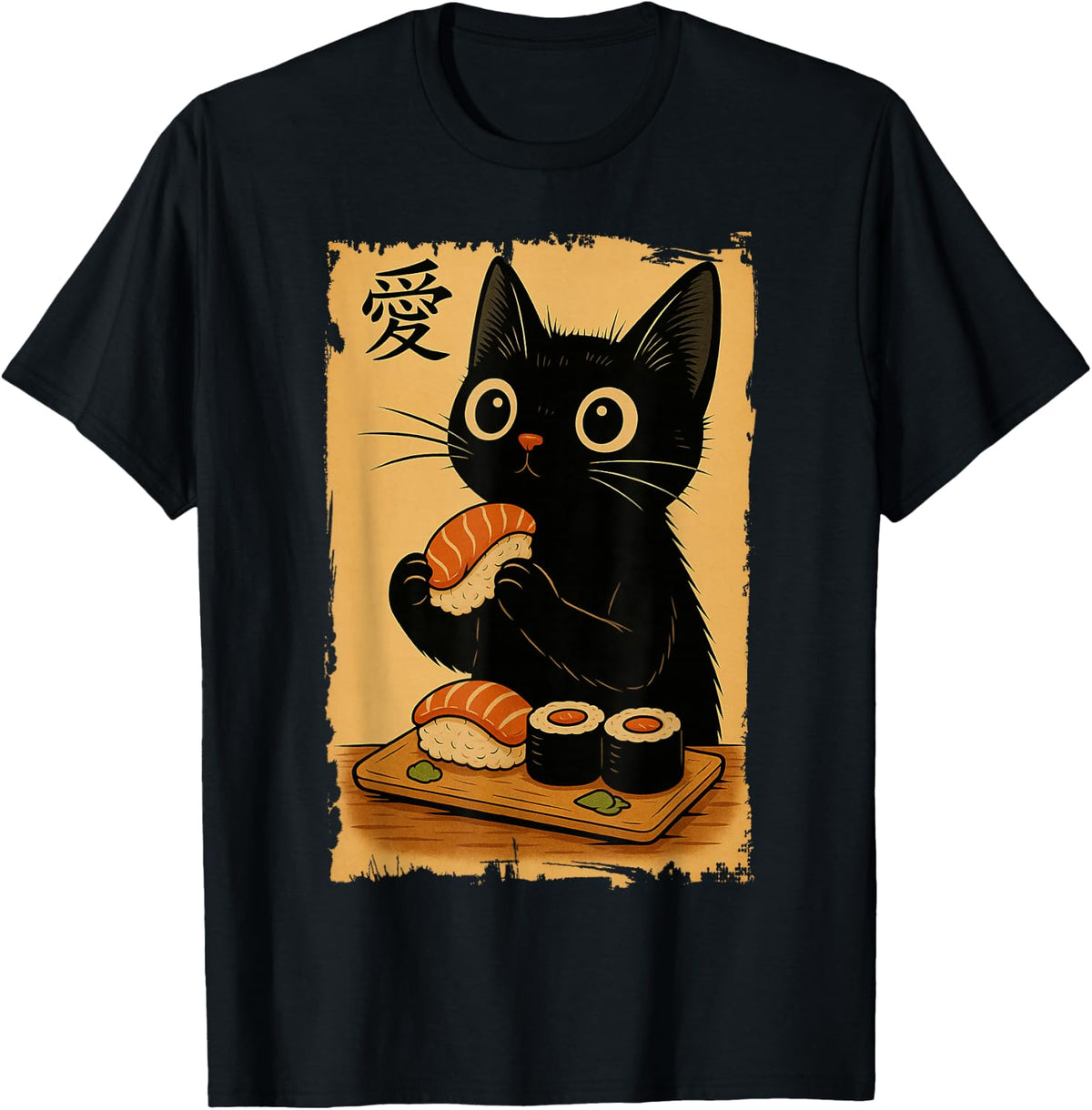 Cute Kawaii Black Cat Eating Sushi Funny Japanese Black Cat T-Shirt