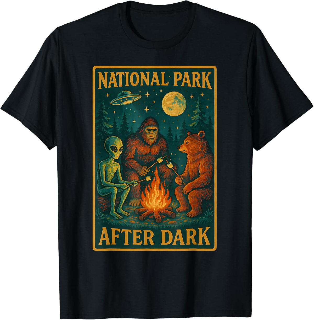 National Park After Dark Alien Bigfoot Bear Camping T-Shirt