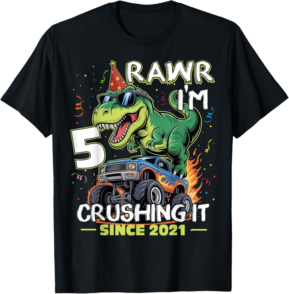 5th Birthday Monster Truck Dinosaur 5 Years Old Birthday Boy T-Shirt