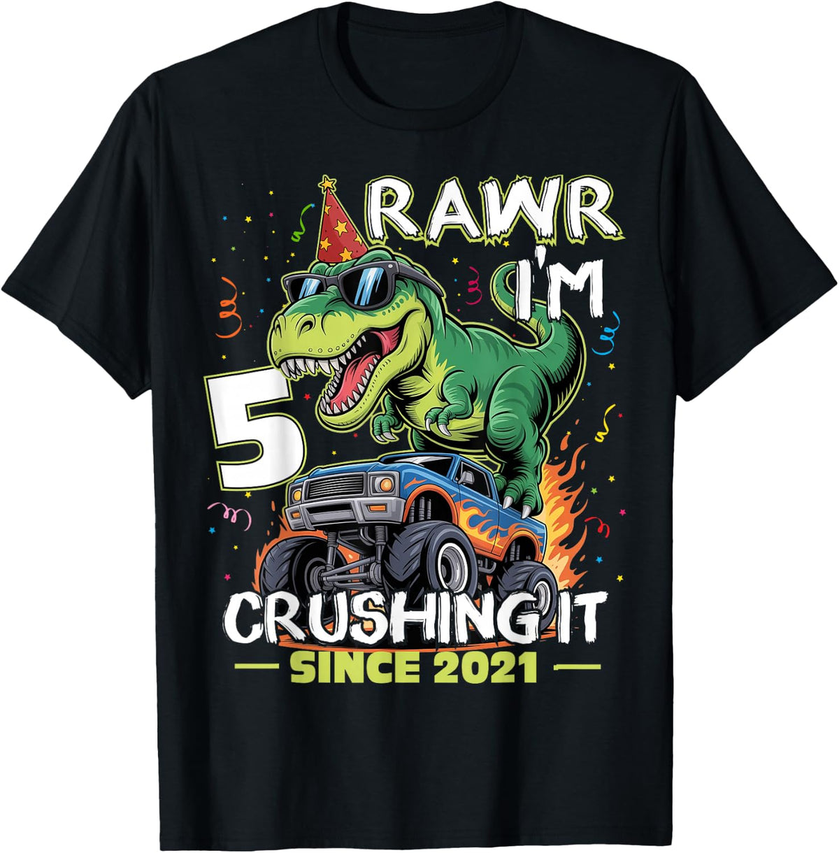 5th Birthday Monster Truck Dinosaur 5 Years Old Birthday Boy T-Shirt