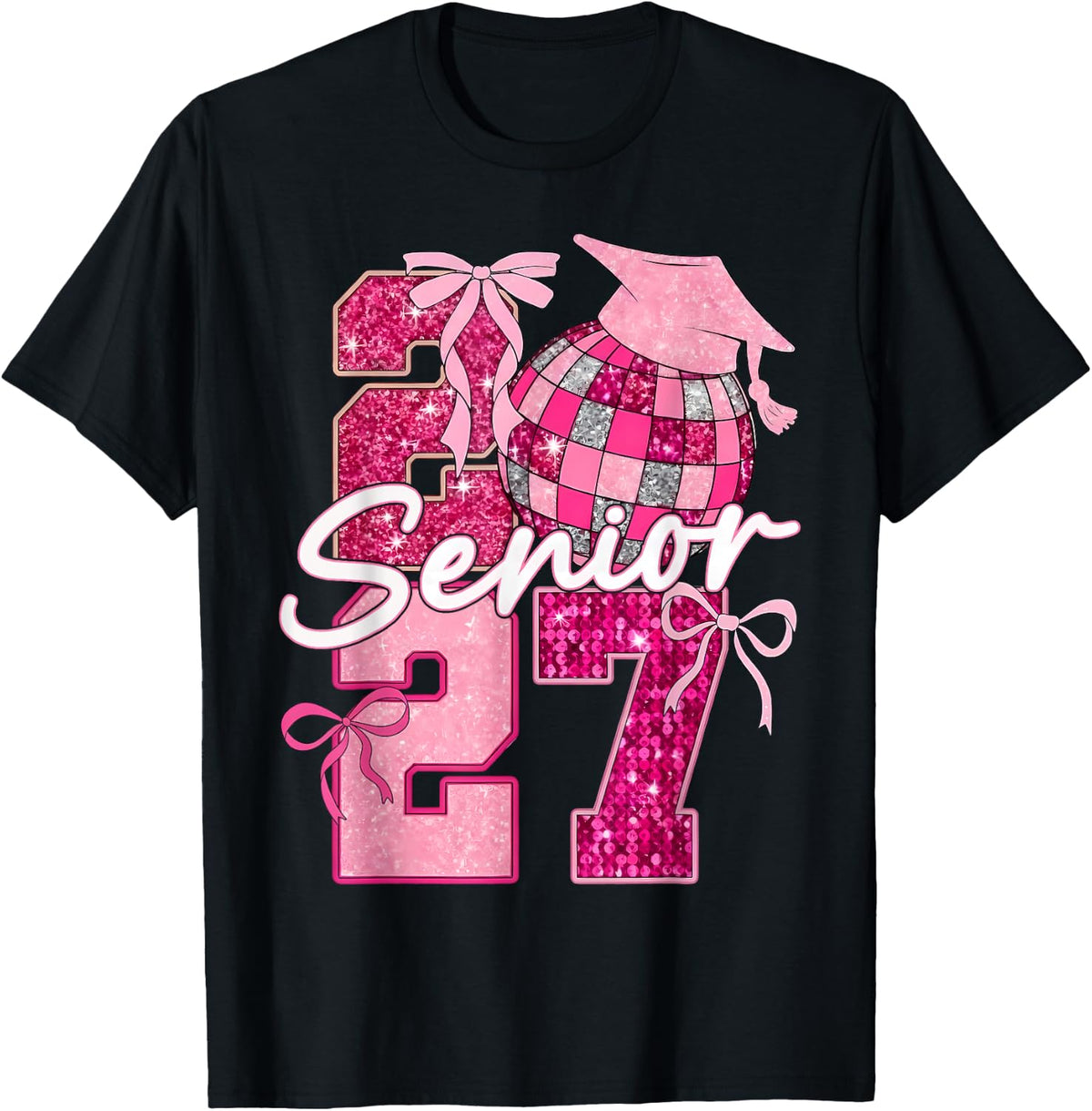 Senior 2027 Class of 2027 Pink Bow Graduation Girl Disco T-Shirt