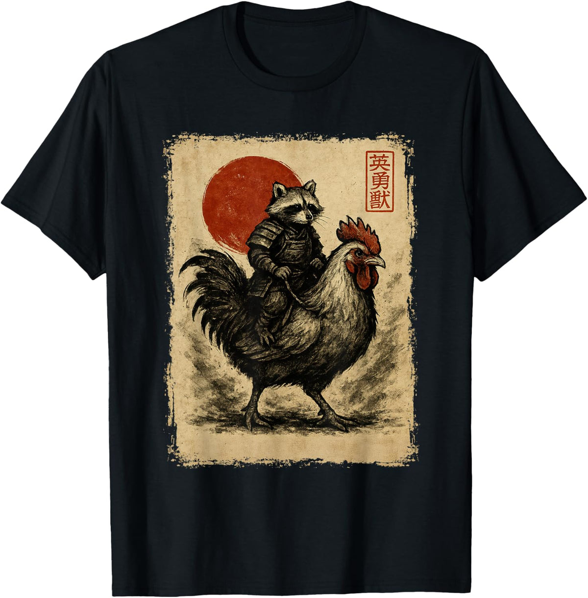 Funny Vintage Raccoon Rooster Chicken Japanese Ukiyo-e Art T-Shirt
