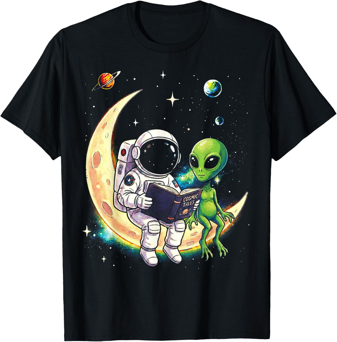 Astronaut Reading Book to Alien Moon Space Astronomy Galaxy T-Shirt