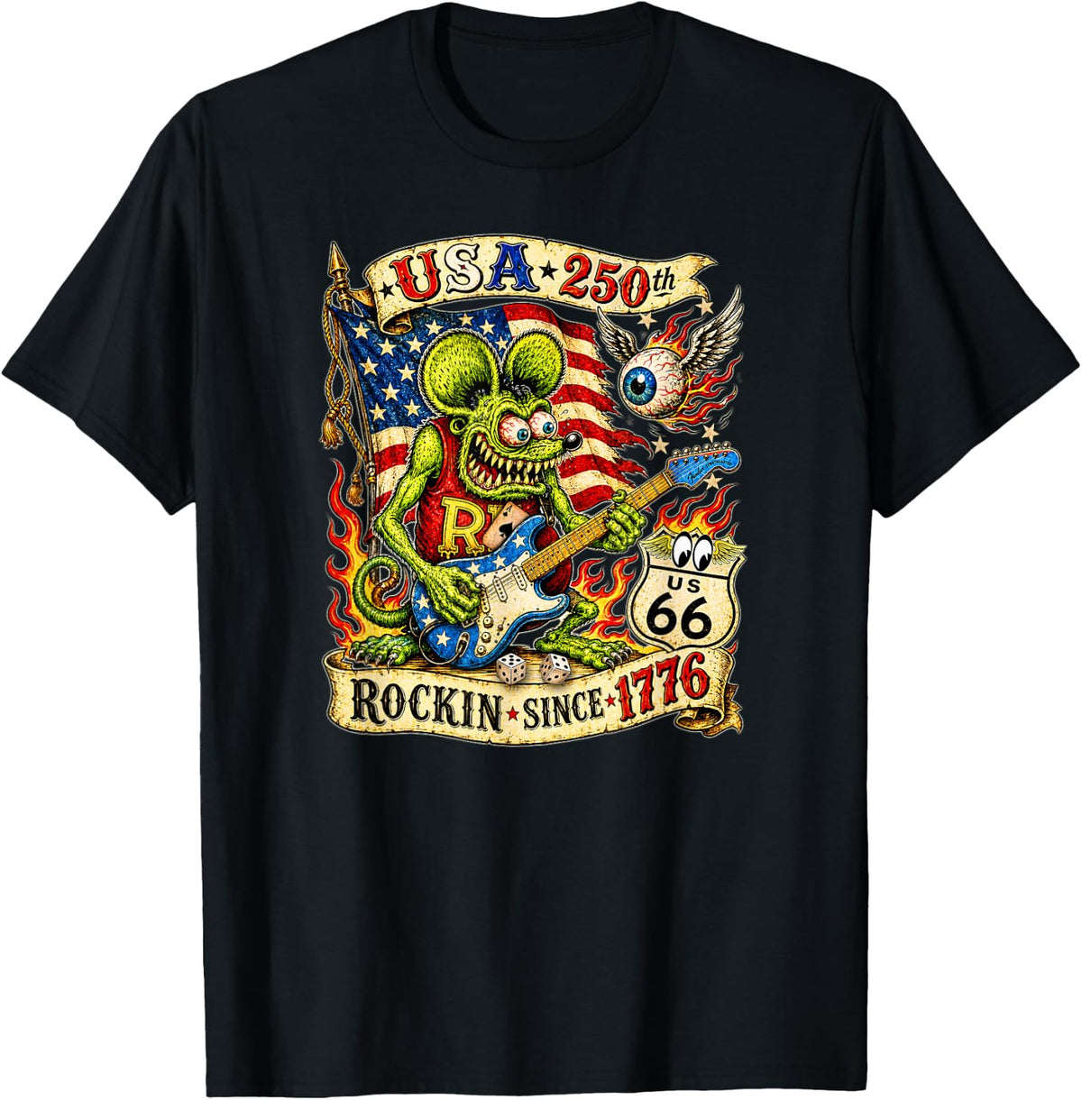 USA 250th Rat Fink US Highway 66 Guitar Flag Dice Ace Retro T-Shirt