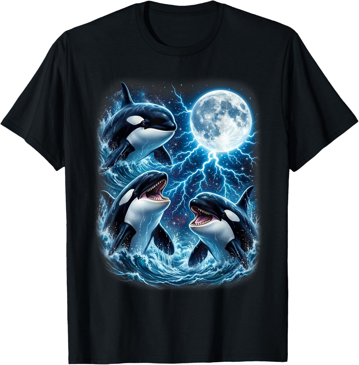 Majestic Three Orca Moon Lightning Sea Life Art T-Shirt