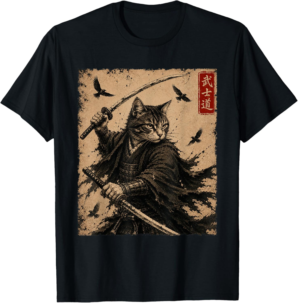 Vintage Samurai Cat Anime Warrior with Swords Funny Cats T-Shirt