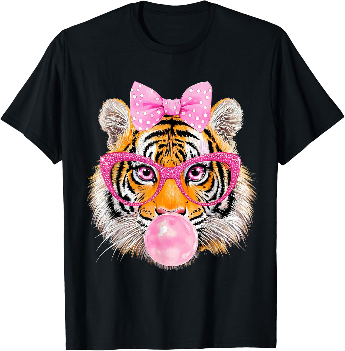 Coquette Bow Tiger Face Pink Glasses Bubble Gum Wild Animal T-Shirt