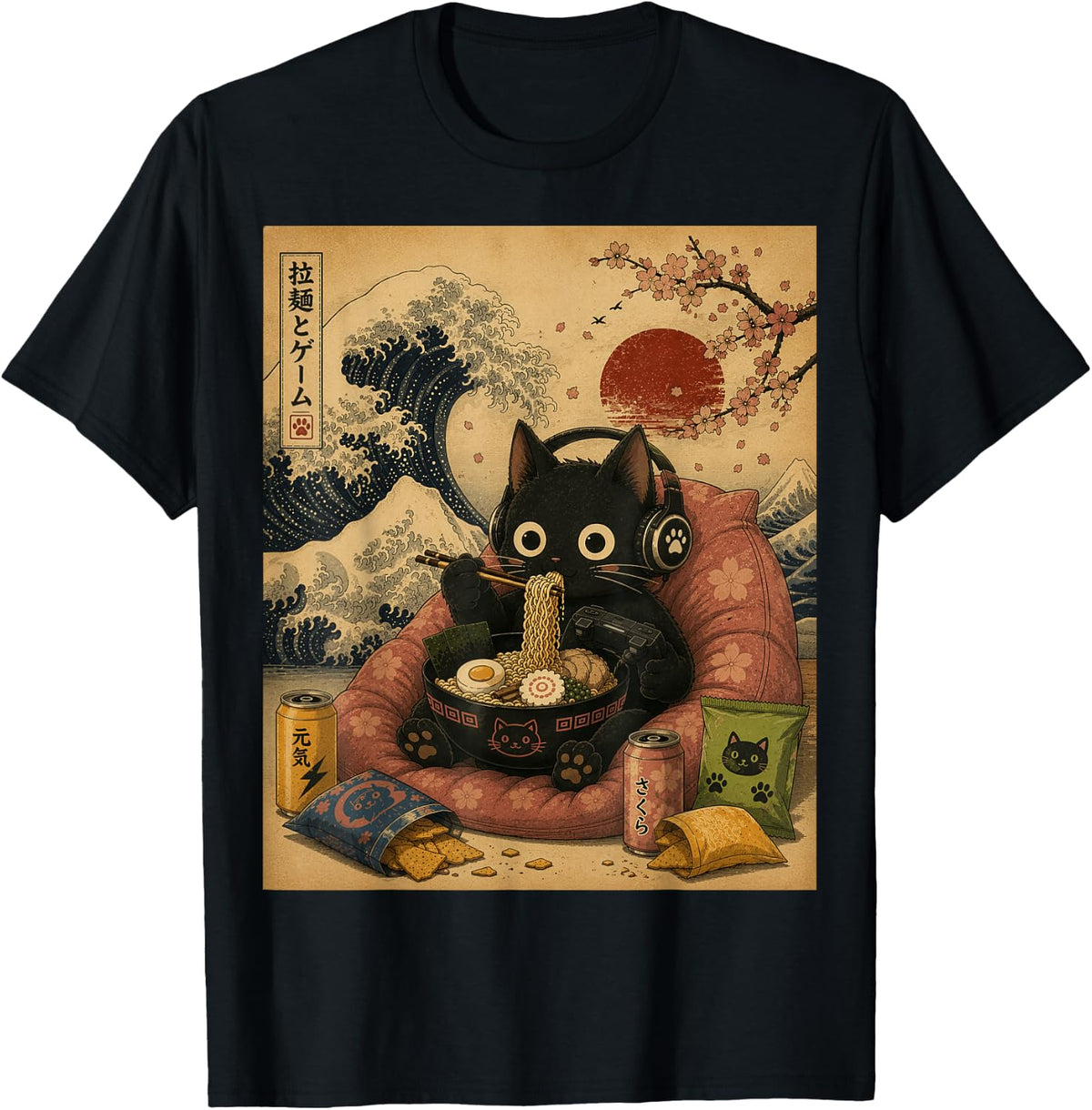 Kawaii Ramen Cat Gamer Gaming Retro Japanese Noodles Artwork T-Shirt