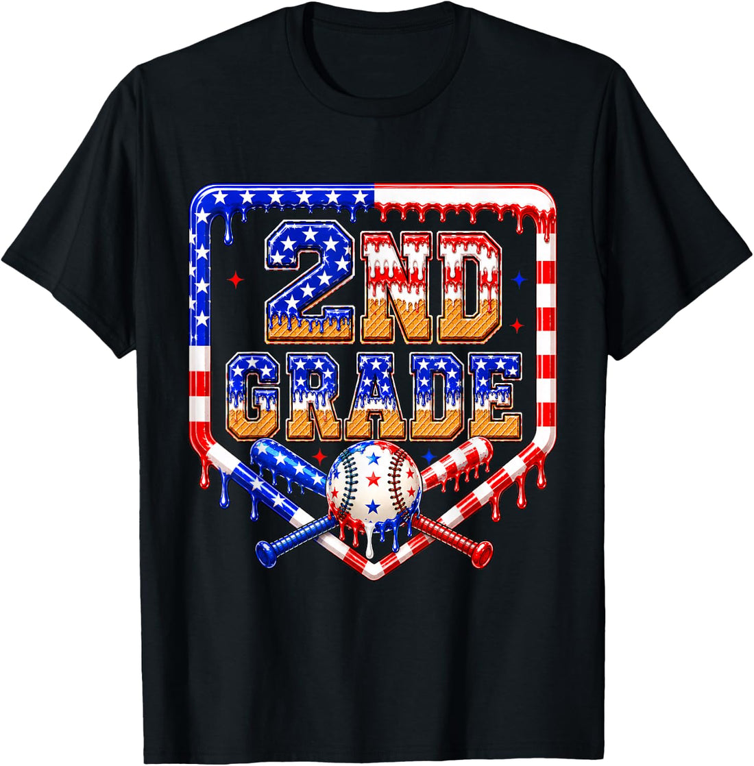 2nd Grade Baseball drip Boys Kids USA Flag Back to School T-Shirt