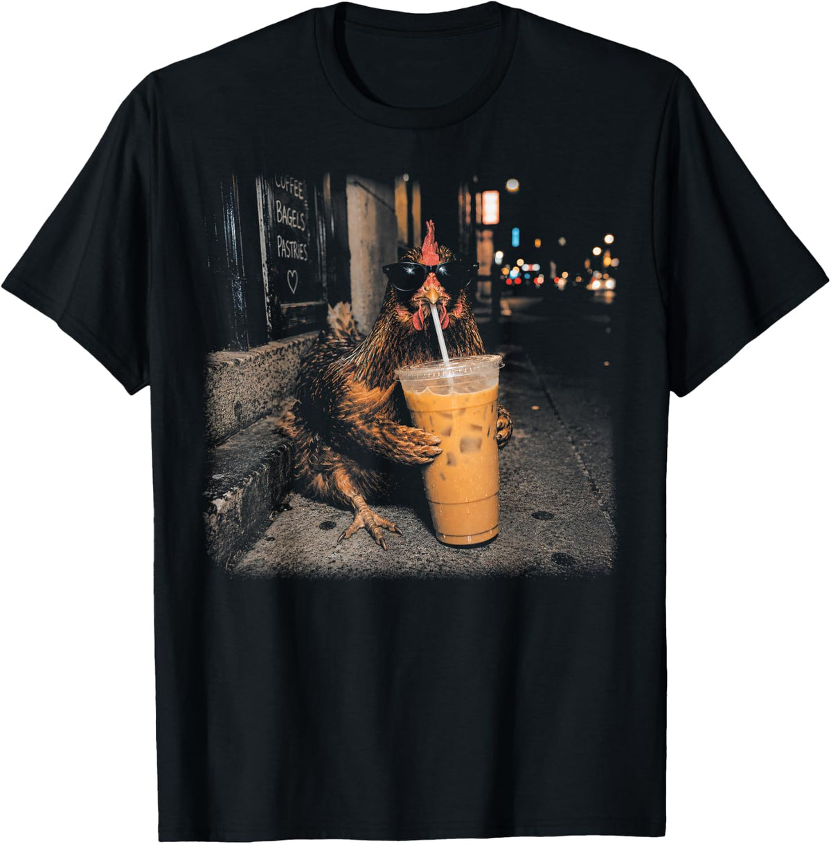 Funny Chicken Drinking Iced Coffee Cool Farm Animal Lover T-Shirt