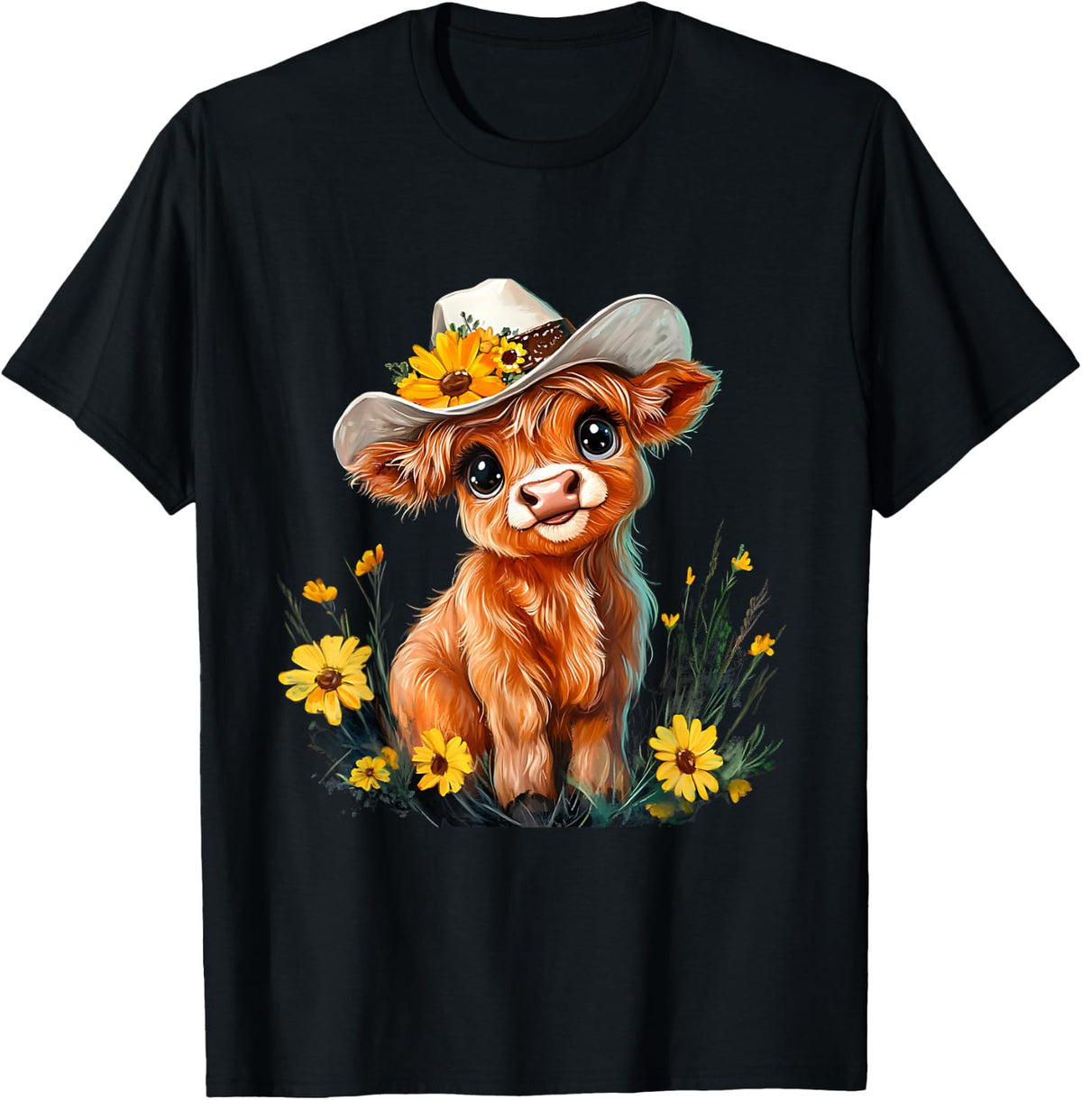 Cute Highland Cow Scottish Hairy Cattle Floral T-Shirt