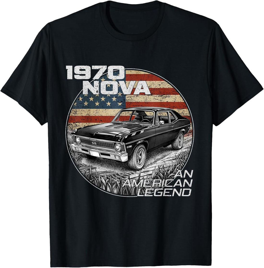 1970 70 Nova Silhouette Muscle Car American Flag T-Shirt