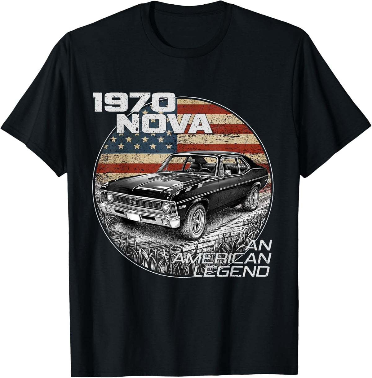 1970 70 Nova Silhouette Muscle Car American Flag T-Shirt
