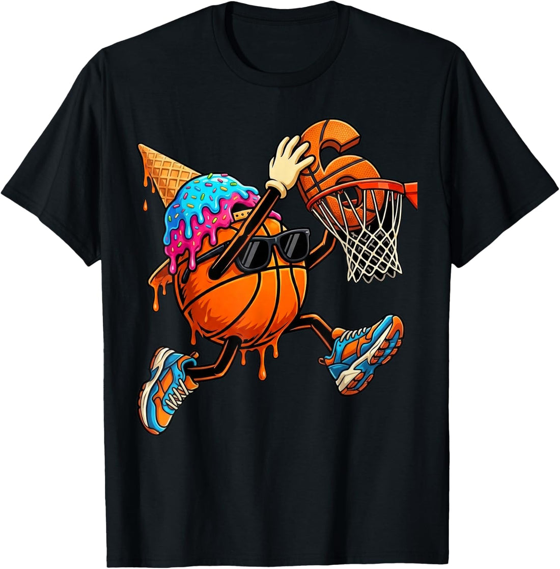 6th Birthday Basketball Drip Ice Cream 6 Year Old Boys Kids T-Shirt