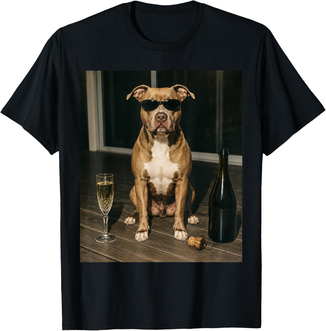Vintage Pitbull Drinking Champagne Sunglasses Dog Lover T-Shirt