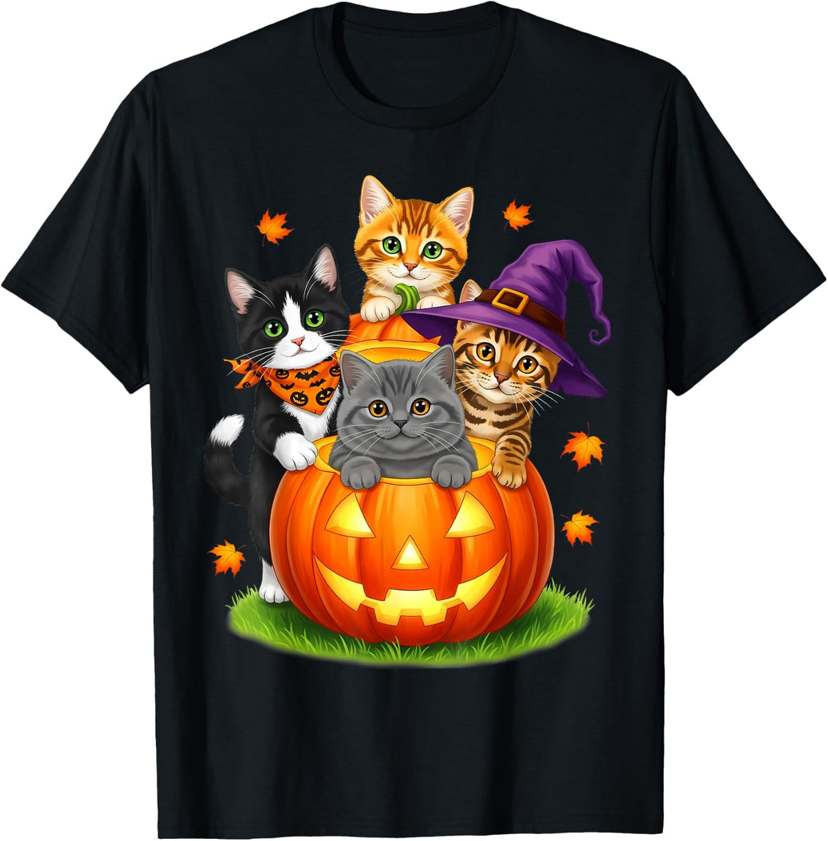 Cute Kittens Pumpkin Halloween Spooky Season Men Women Kids T-Shirt