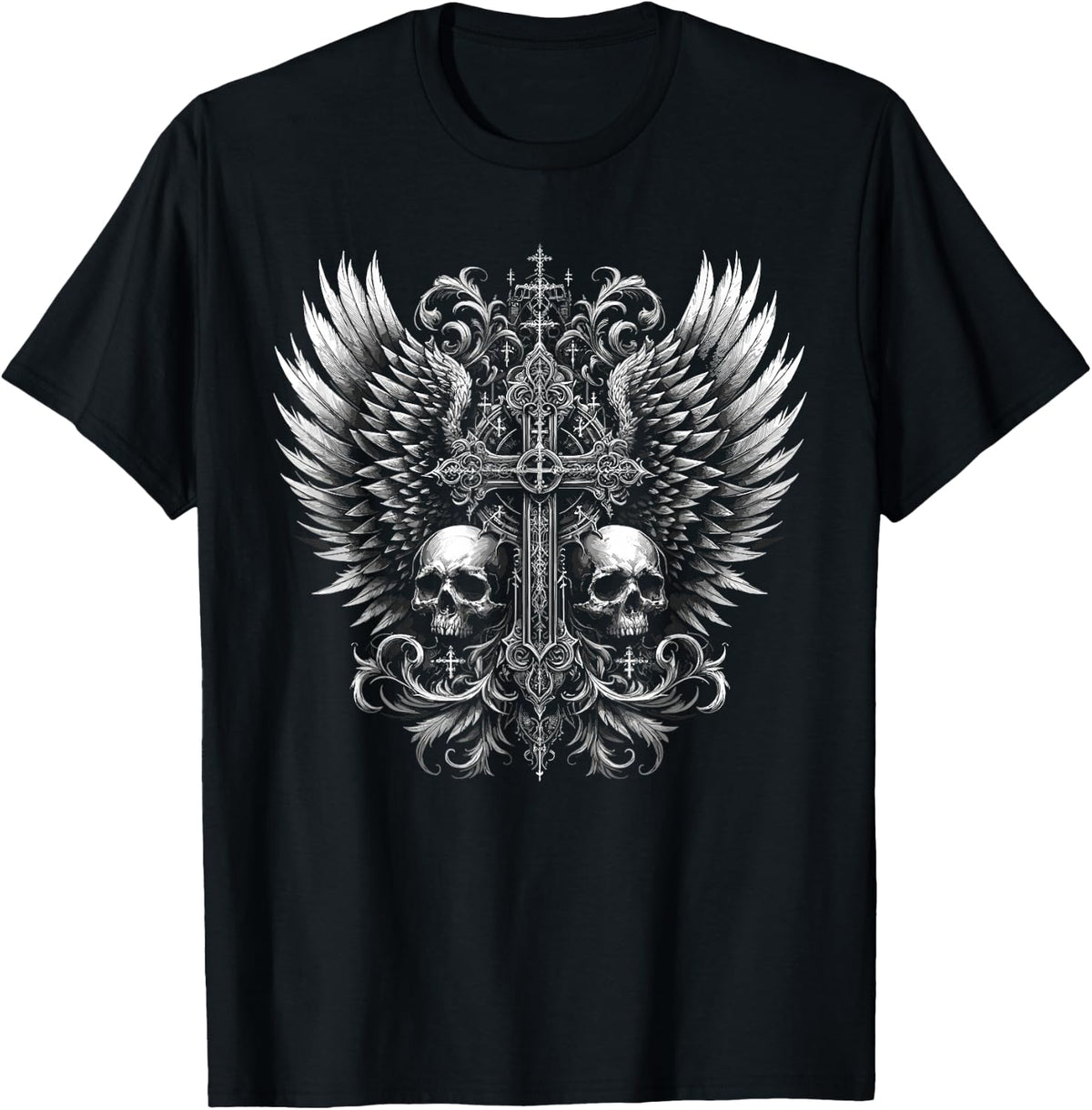 Emo Y2K Grunge Alt Goth Skull Cross Wings Gothic Black T-Shirt