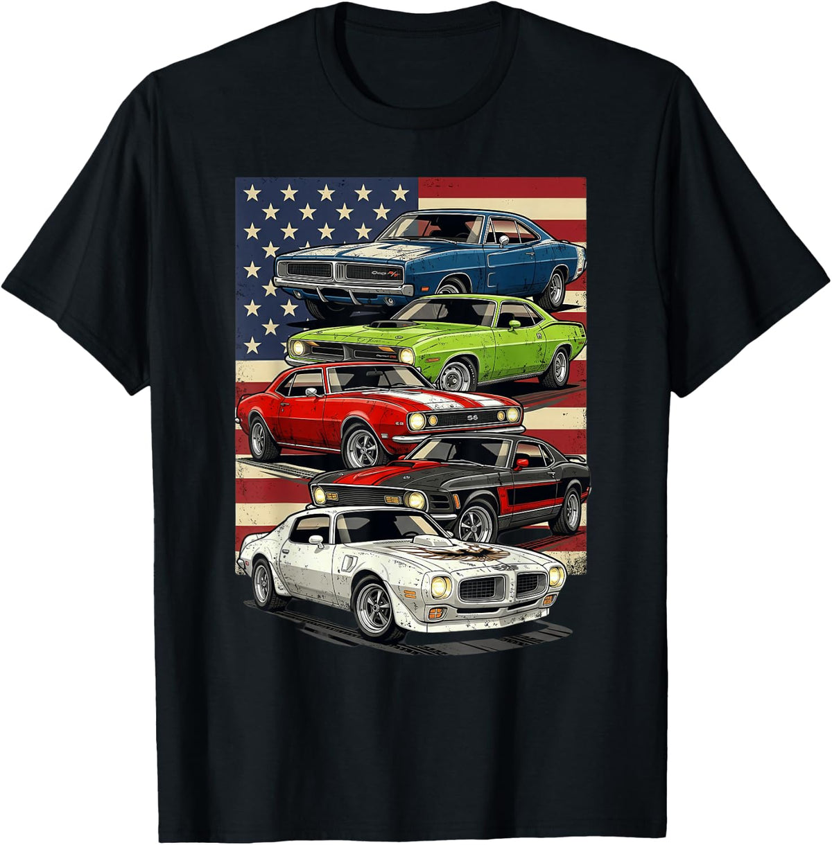 Retro Patriotic American Flag Muscle Cars Guy Old Cars Lover T-Shirt