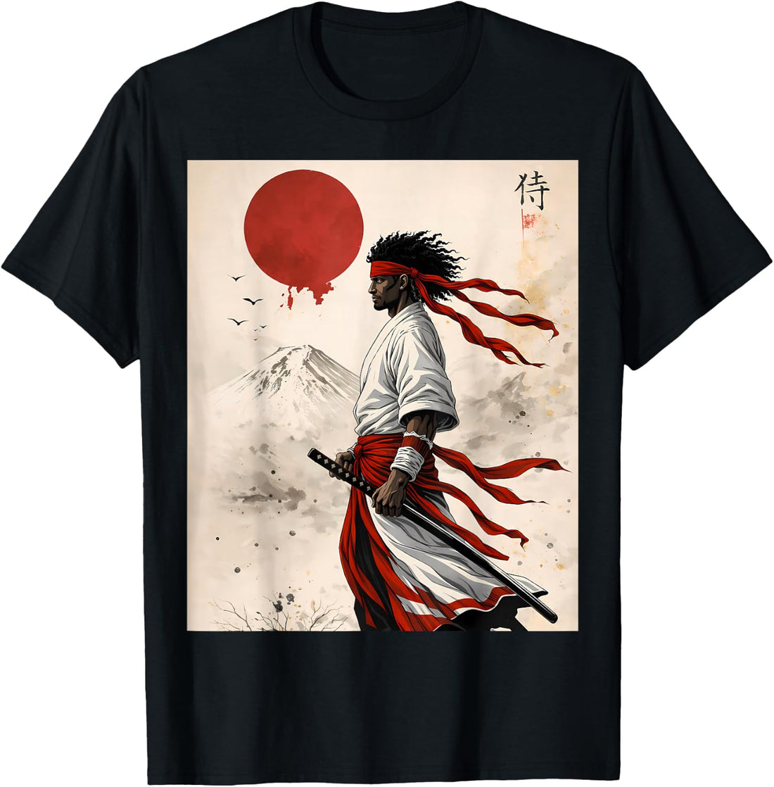 Afro American Samurai Anime Cartoon Japanese Bushido Warrior T-Shirt