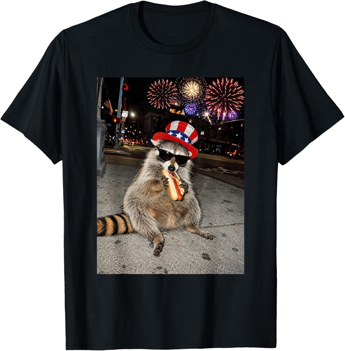 Funny Raccoon Eating Hot Dog 4th of July Men Women Kids T-Shirt