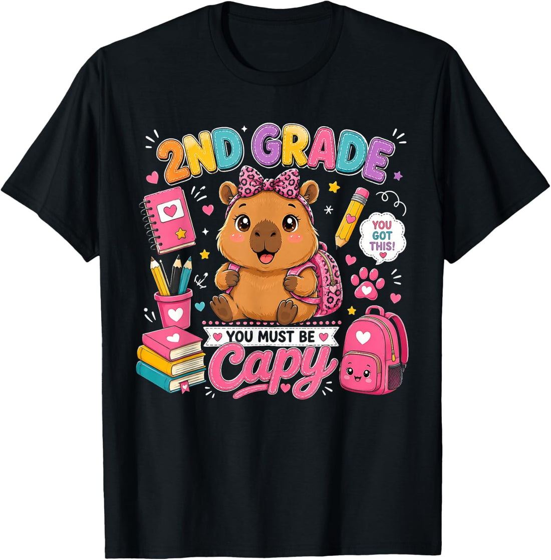 Back to School 2ND Grade Capybara Leopard Coquette Bow Kids T-Shirt