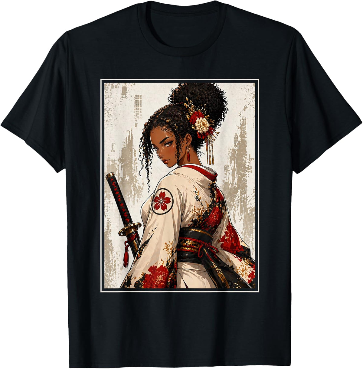 Black Anime Samurai Girl Japanese Aesthetic Art T-Shirt