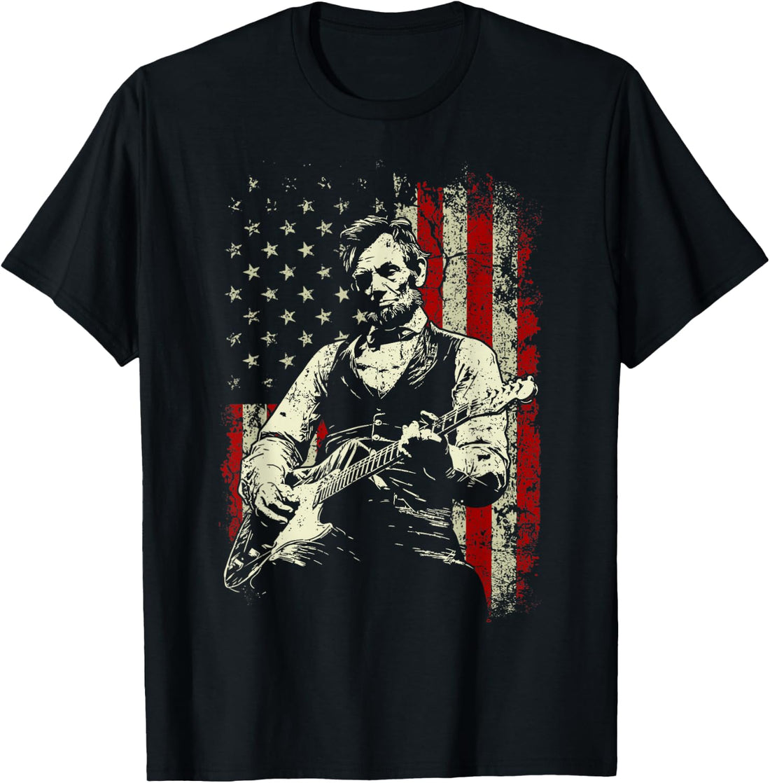 Abraham Lincoln Playing Guitar Rock and Roll American Flag Tees T Shirts for Men and Women