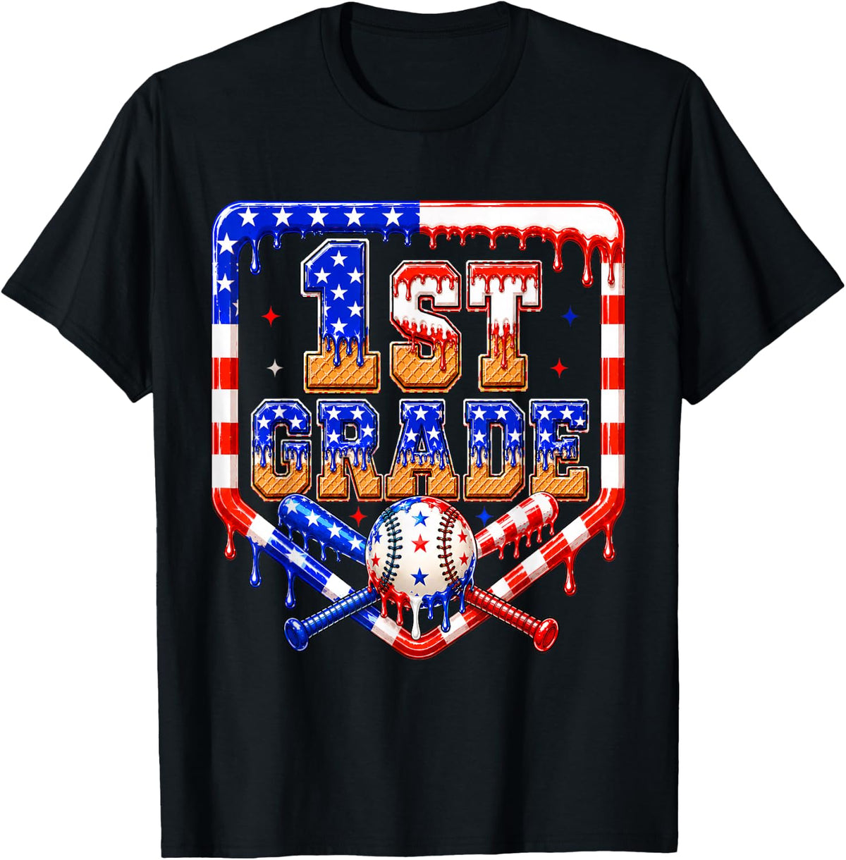 1st Grade Baseball drip Boys Kids USA Flag Back to School T-Shirt