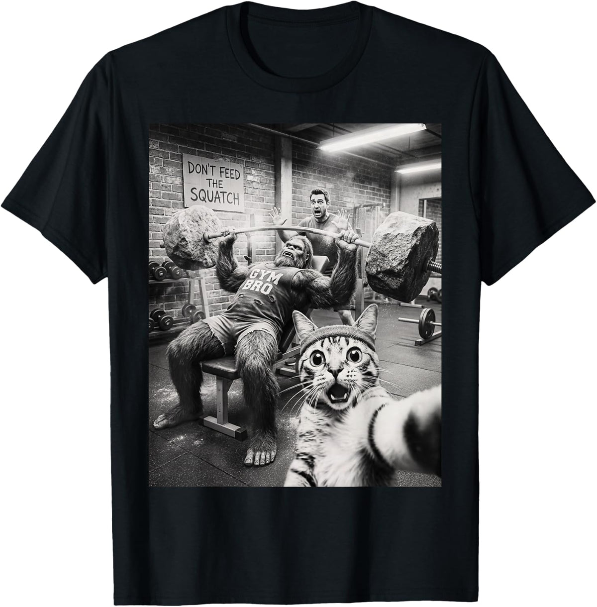 Cat Selfie Funny Bigfoot Gym Bro Weightlifting Workout T-Shirt