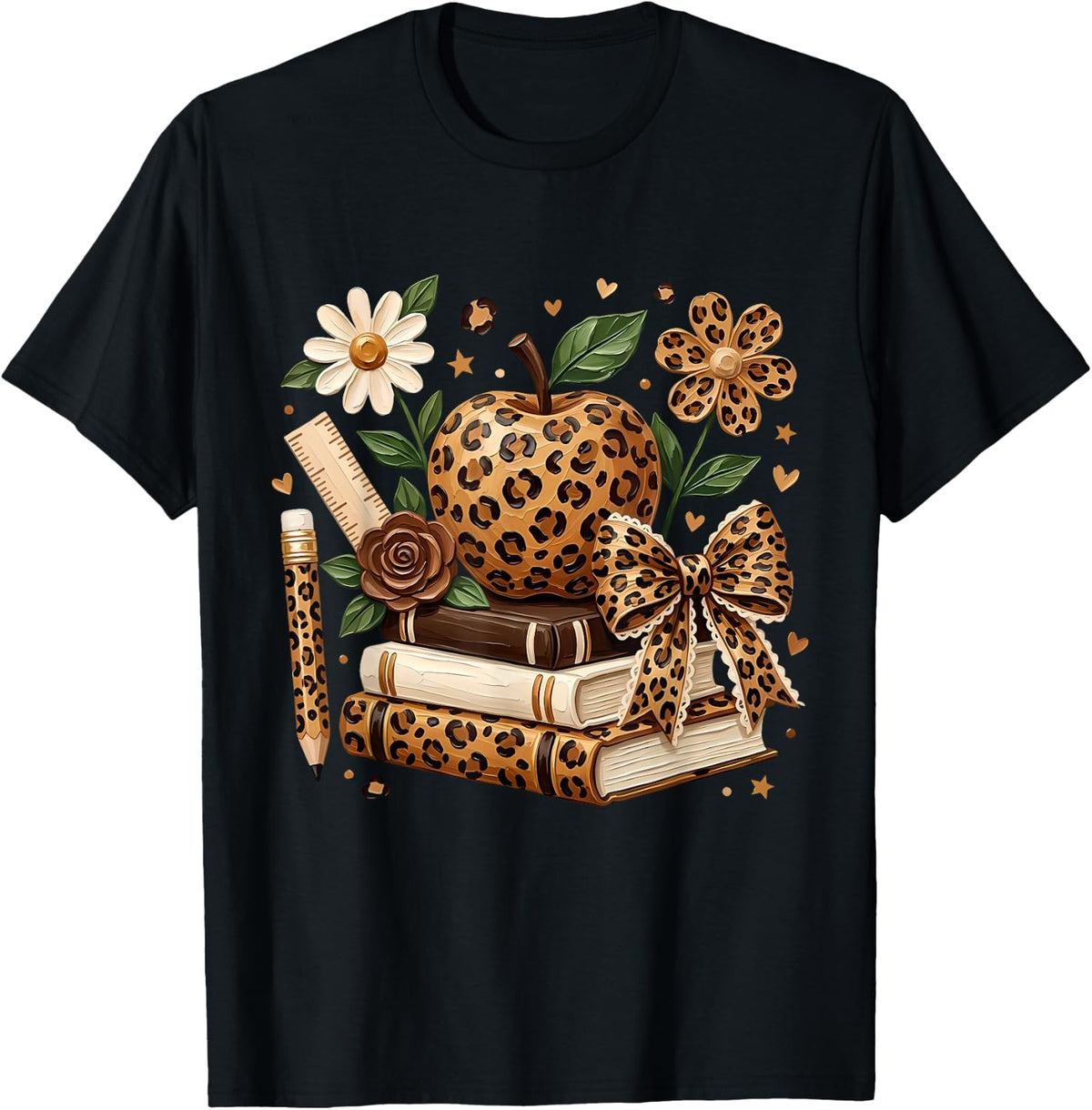 Leopard Apple Floral Coquette Bow Book Pencil Back to School T-Shirt